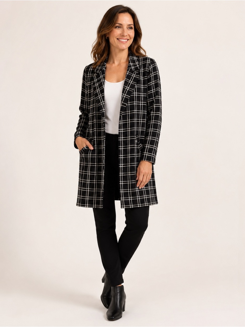 Elegant Black and White Plaid Overcoat